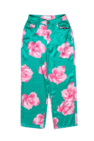 Current Boutique-Fleur Du Mal - Green & Pink Floral Silk Pants Sz 2