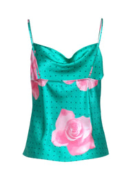 Current Boutique-Fleur Du Mal - Green w/ Large Pink Floral Print Silk Cami Blouse Sz S