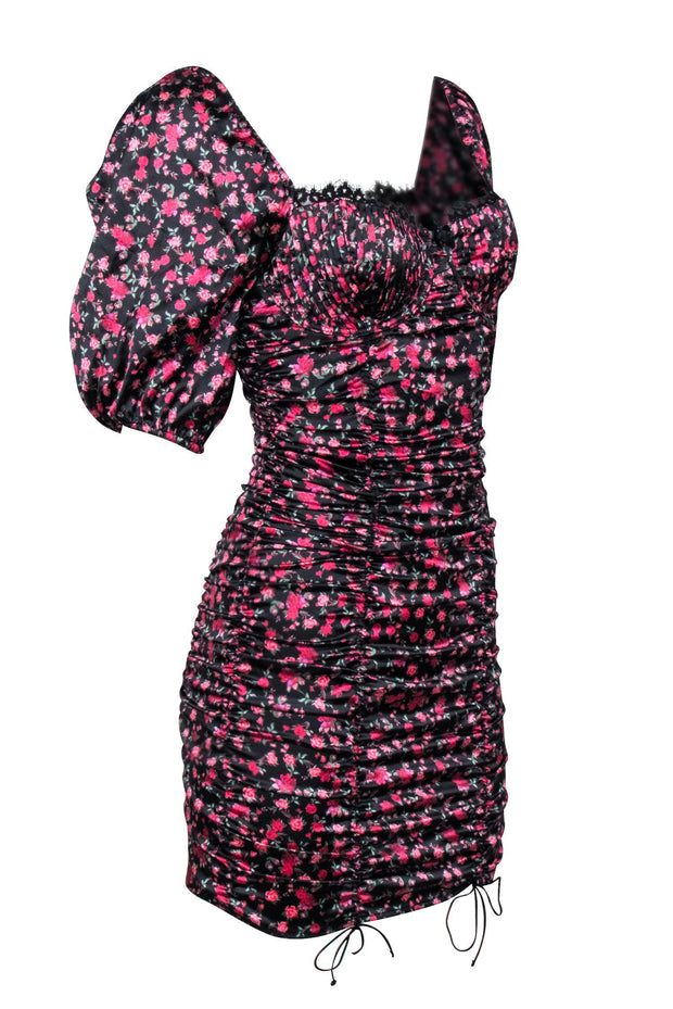 Current Boutique-For Love & Lemons - Black w/ Pink Rose Print Satin Ruched Dress Sz S