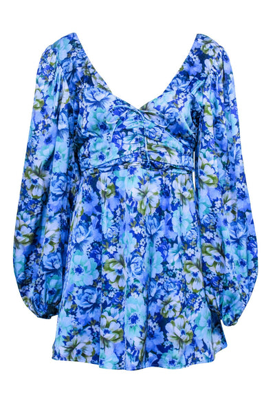 Current Boutique-For Love & Lemons - Blue & Green Floral Print Long Sleeve Mini Dress Sz L