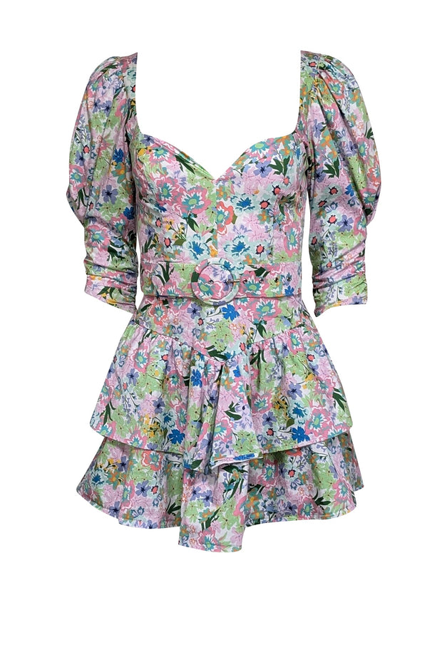 Current Boutique-For Love & Lemons - Green Multicolor Floral Print Puff Sleeve Mini Dress Sz XS