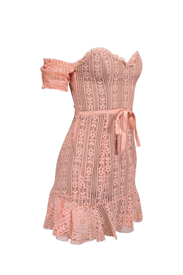 Current Boutique-For Love & Lemons - Peach Lace Off-the-Shoulder Mini Dress Sz S