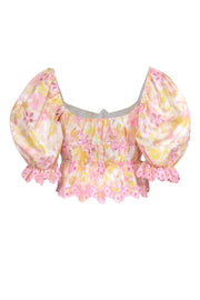Current Boutique-For Love & Lemons - Pink, Yellow, & Ivory Floral Print Puff Sleeve Top Sz S