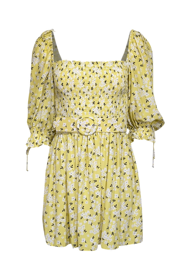 Current Boutique-For Love & Lemons - Yellow w/ White & Black Floral Print Puff Sleeve Mini Dress Sz S