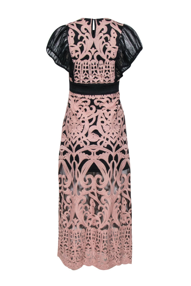 Current Boutique-Foxiedox - Black w/ Blush Embroidered Over Lay & Flutter Sleeves Dress Sz S