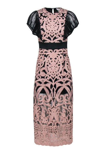 Current Boutique-Foxiedox - Black w/ Blush Embroidered Over Lay & Flutter Sleeves Dress Sz S