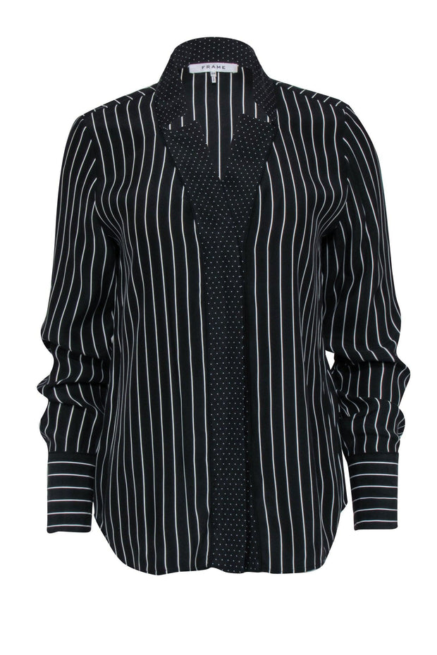 Current Boutique-Frame - Black & White Stripe Button Front w/ Polka Dot Trim Shirt Sz S