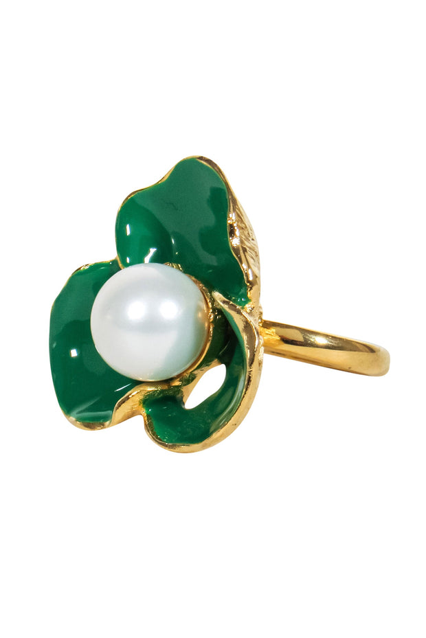 Current Boutique-Frances Valentine - Gold Ring w/ Green Flower & Pearl Sz 7