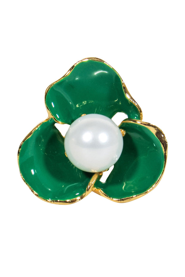 Current Boutique-Frances Valentine - Gold Ring w/ Green Flower & Pearl Sz 7