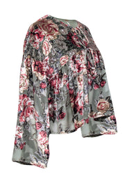 Current Boutique-Free People - Sage Green & Mauve Floral Print Velvet Tie Front Top Sz XS