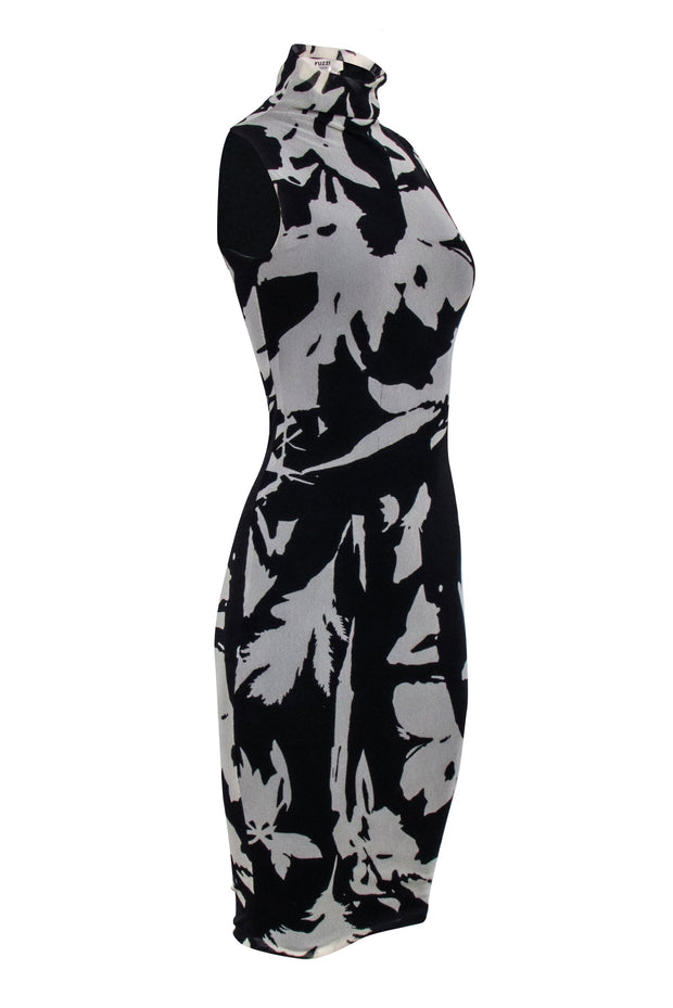 Current Boutique-Fuzzi - Black & Cream Print Mock Neck Fitted Dress Sz XS