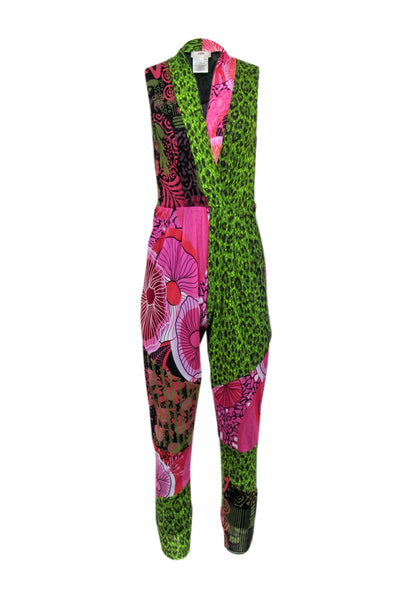 Current Boutique-Fuzzi - Green & Pink Mixed Print Sleeveless Mesh Jumpsuit Sz XL