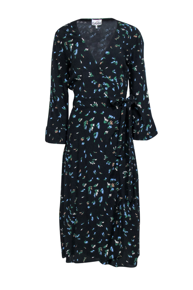 Current Boutique-Ganni - Black Floral Long Sleeve Maxi Wrap Dress Sz 6