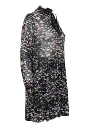 Current Boutique-Ganni - Black Multicolor Floral Print w/ Neck Tie Long Sleeve Dress Sz 2