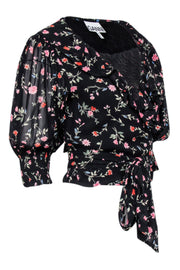 Current Boutique-Ganni - Black w/ Multicolor Floral Print Cropped Wrap Top Sz 8
