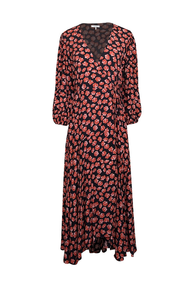 Current Boutique-Ganni - Black w/ Pink & Orange Floral Print Maxi Wrap Dress Sz 8