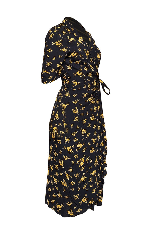 Current Boutique-Ganni - Black w/ Yellow Floral Print Wrap Dress Sz 10