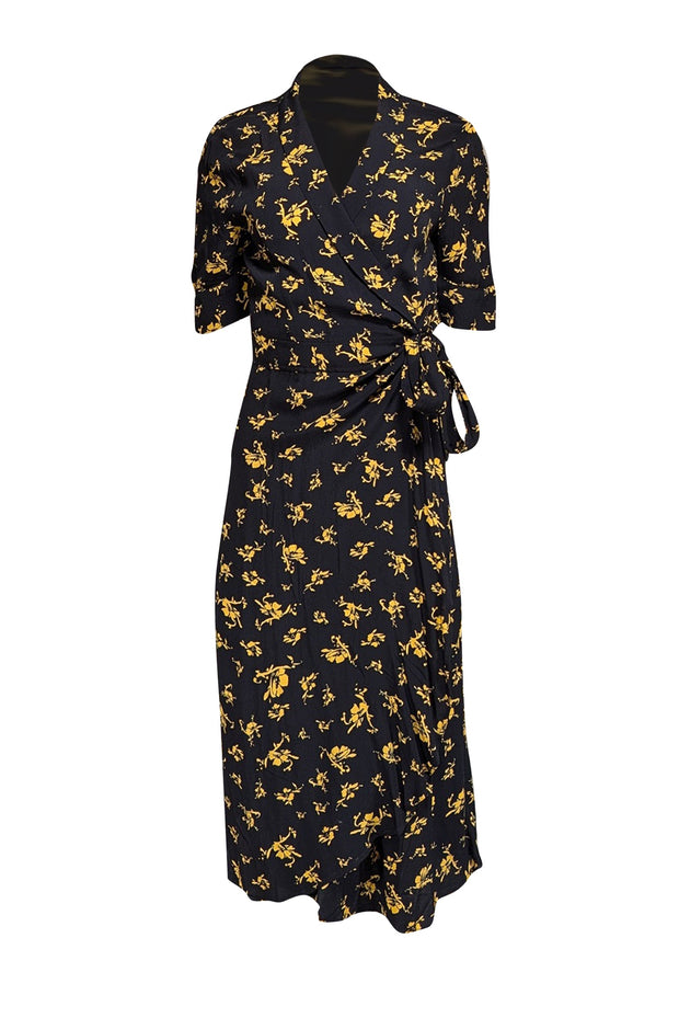 Current Boutique-Ganni - Black w/ Yellow Floral Print Wrap Dress Sz 10