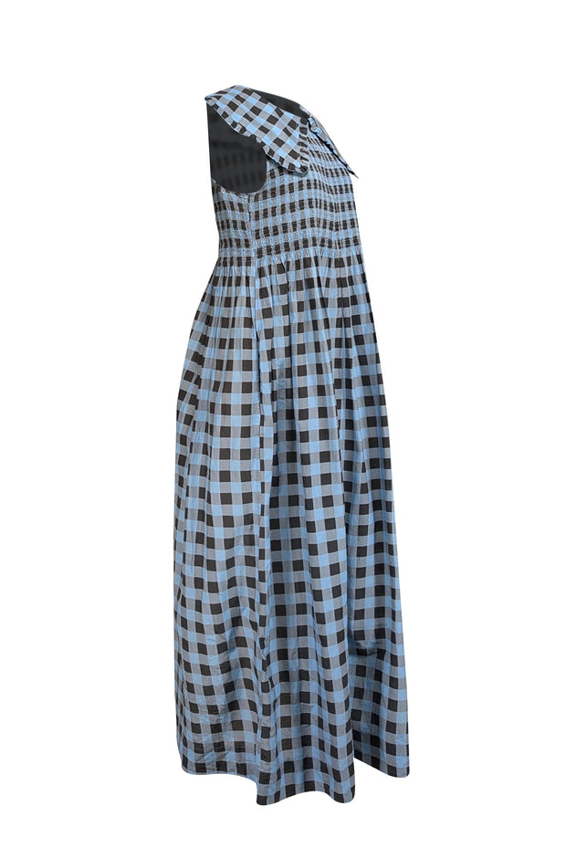 Current Boutique-Ganni - Blue & Black Checkered Print Wide Peter Pan Collar Dress Sz 8