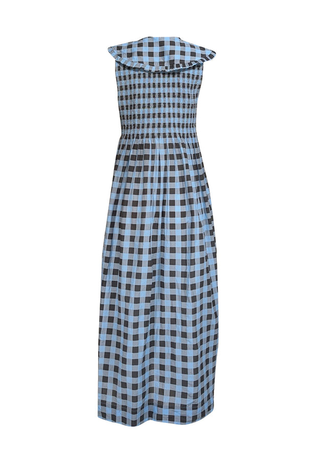 Current Boutique-Ganni - Blue & Black Checkered Print Wide Peter Pan Collar Dress Sz 8