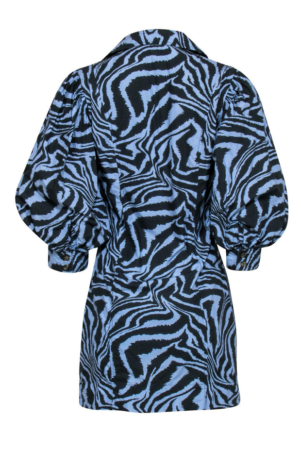 Current Boutique-Ganni - Blue & Grey Zebra Print Puff Sleeve Mini Dress Sz M