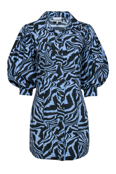 Current Boutique-Ganni - Blue & Grey Zebra Print Puff Sleeve Mini Dress Sz M