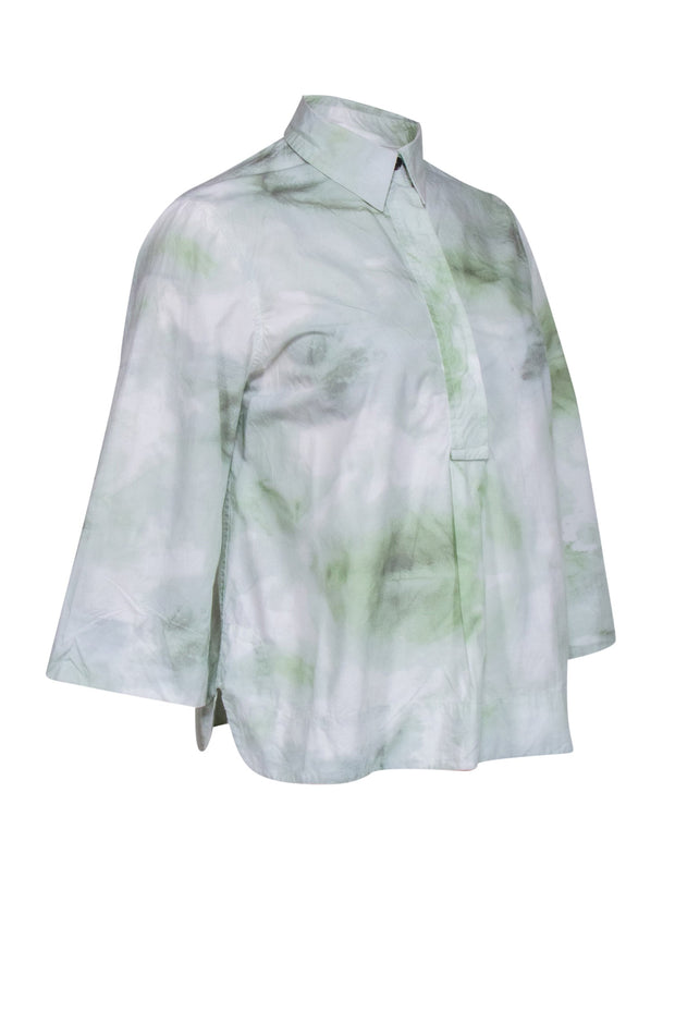 Current Boutique-Ganni - Green & Cream Tie Dye Quarter Button Front Shirt Sz 2