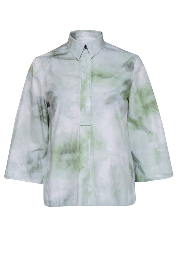 Current Boutique-Ganni - Green & Cream Tie Dye Quarter Button Front Shirt Sz 2