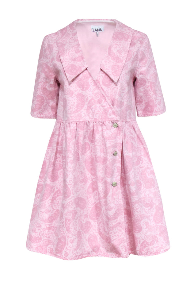 Current Boutique-Ganni - Light Pink Paisley Print Short Sleeve Denim Dress Sz 4