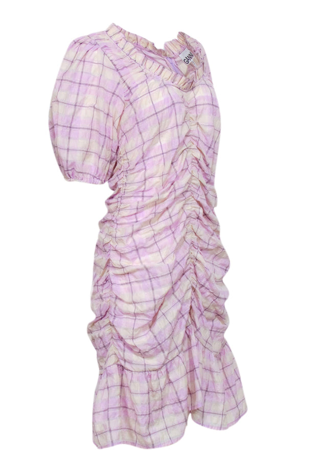 Current Boutique-Ganni - Lilac & Cream Check Printed Seersucker Mini Dress Sz 14