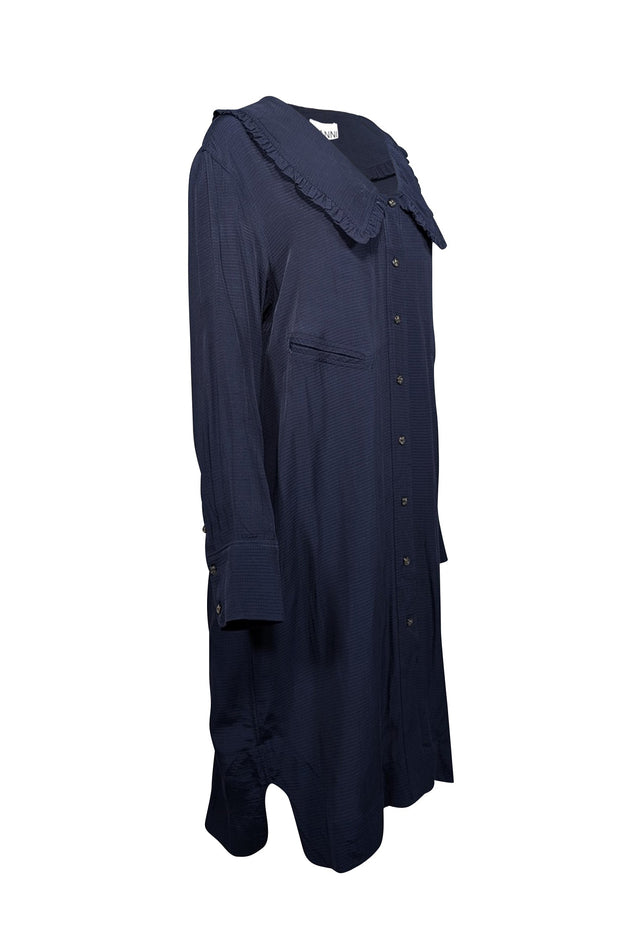 Current Boutique-Ganni - Midnight Navy Ripstop Shirtdress w/ Peter Pan Collar Sz L/XL