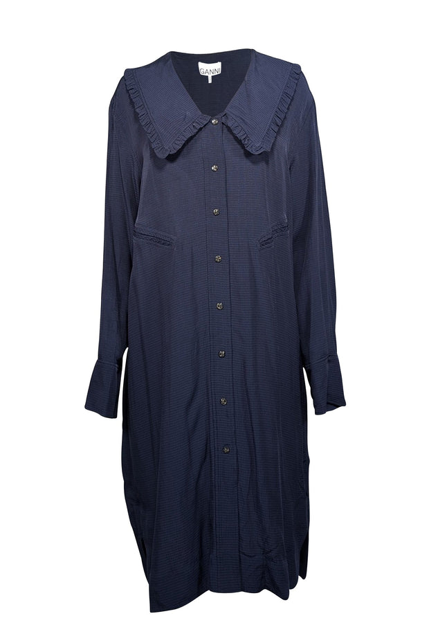 Current Boutique-Ganni - Midnight Navy Ripstop Shirtdress w/ Peter Pan Collar Sz L/XL