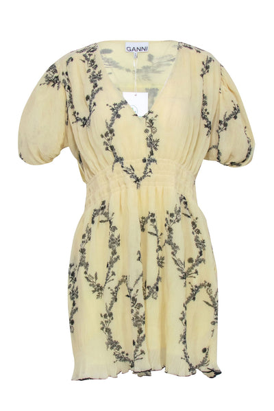 Current Boutique-Ganni - Pale Yellow & Black Print Dress Sz 6