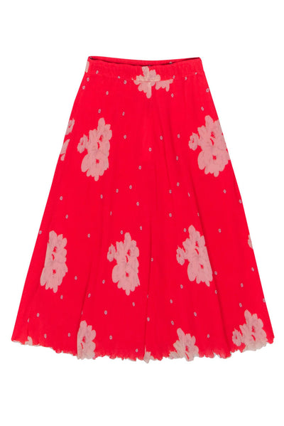 Current Boutique-Ganni - Red Floral Plisse Maxi Skirt Sz 8