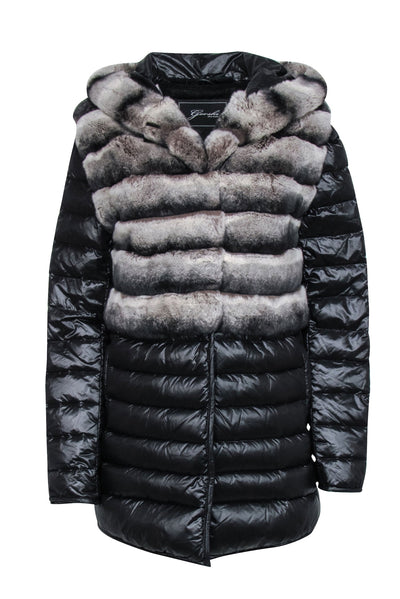 Current Boutique-Garshi - Black Puffer Coat w/ Detachable Hood & Rabbit Fur Trim Sz XS