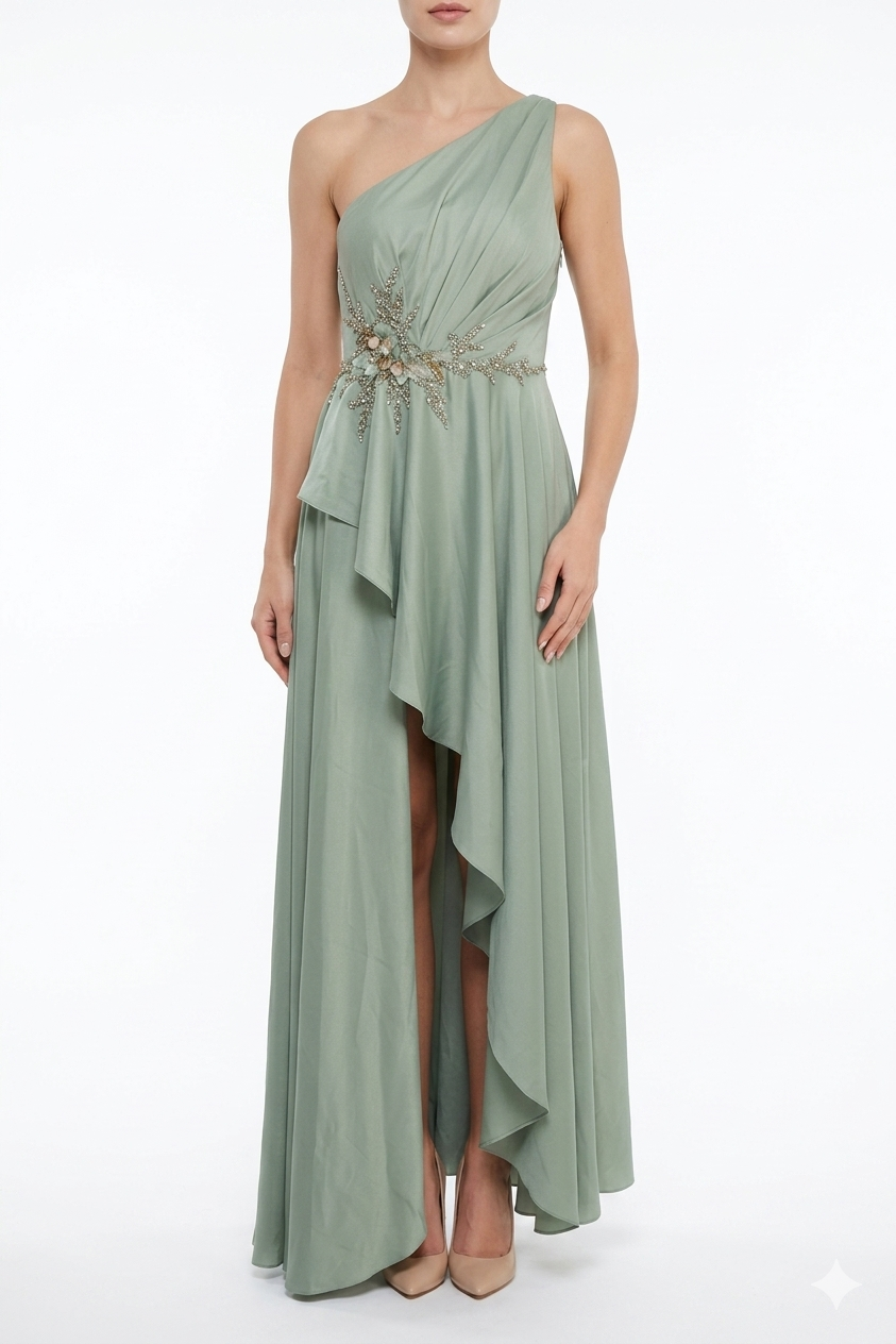 mac duggal sage green dress Tweed Cap Sleeve Pleated Mini line gown to embody timeless refinement and a gentle glow that is perfect for any elegant evening Mac Duggal 8014 Midi Wedding
