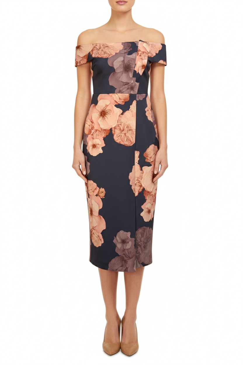 ted baker off the shoulder floral dress Ted Baker Peach Floral Print KneeLength Off Shoulder Stretch Dress 1/Small