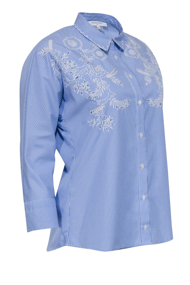 Current Boutique-Gerard Darel - Blue & White Striped Blouse w/ Floral Eyelet Embroidery Sz 4