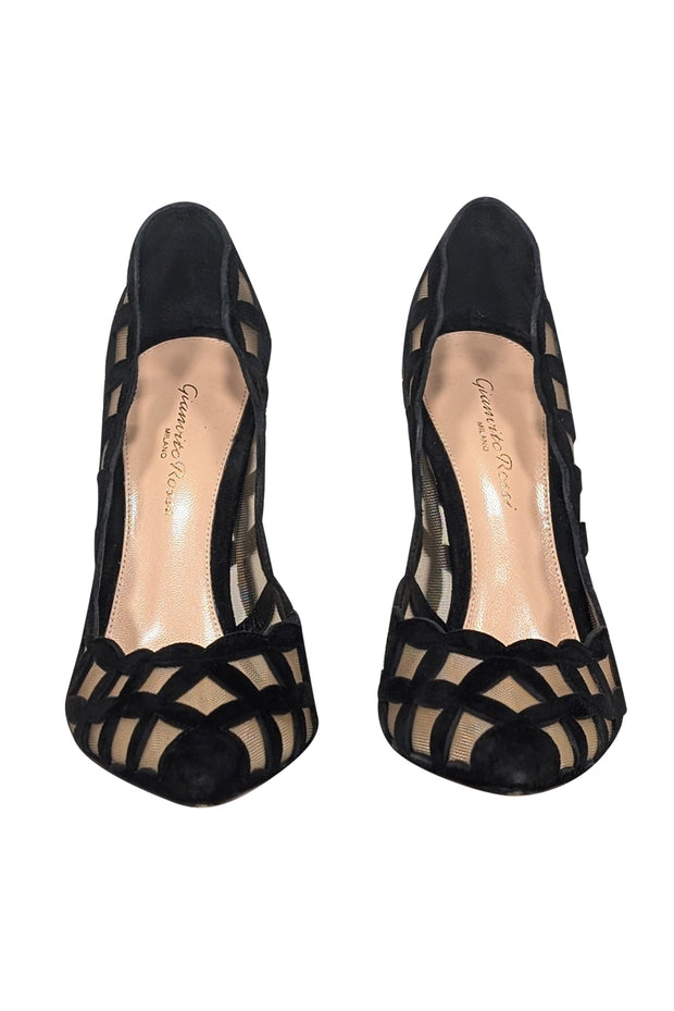 Current Boutique-Gianvito Rossi - Black Suede Patterned Mesh Pumps Sz 8