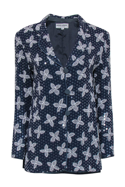 Current Boutique-Giorgio Armani - Navy w/ Cream Floral Print & Transparent Sequins Blazer Sz 6