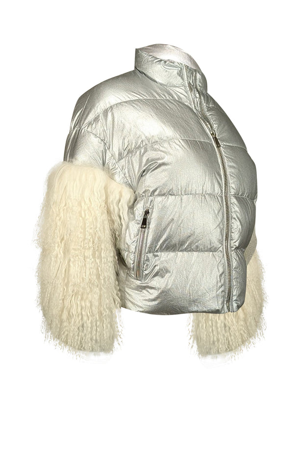 Current Boutique-Glamourpuss - Silver Cropped Puffer Jacket w/ Fur Trimmed Sleeves Sz XS