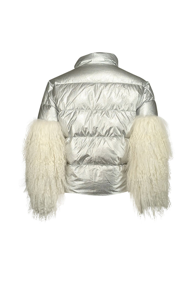 Current Boutique-Glamourpuss - Silver Cropped Puffer Jacket w/ Fur Trimmed Sleeves Sz XS