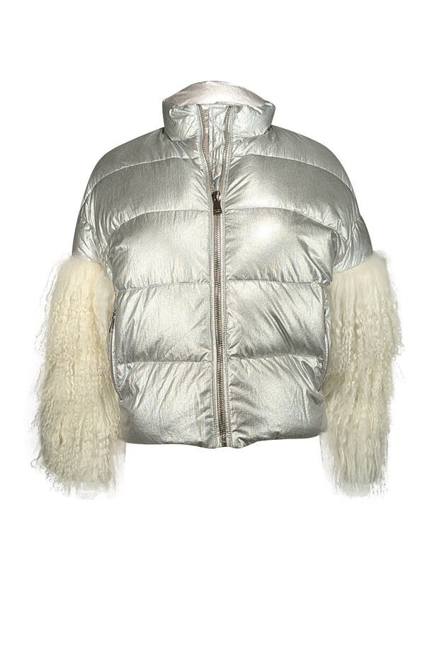 Current Boutique-Glamourpuss - Silver Cropped Puffer Jacket w/ Fur Trimmed Sleeves Sz XS