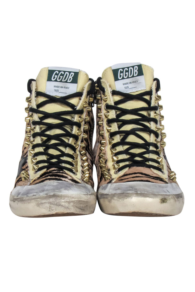 Current Boutique-Golden Goose - Beige & Black Tiger Print Studded High Top Sneakers Sz 8