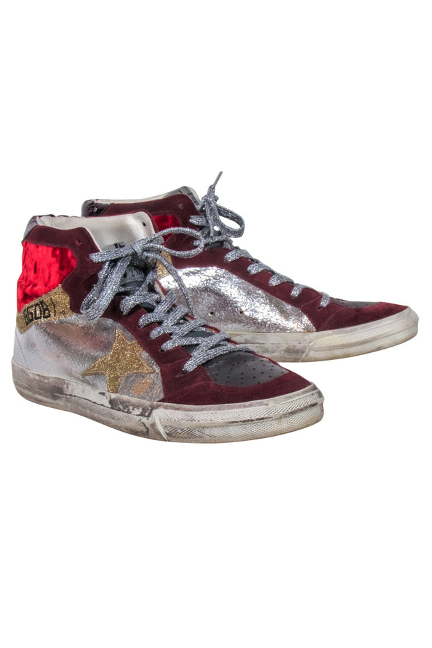 Current Boutique-Golden Goose - Maroon & Silver High Top "2.12" Sneakers Sz 9