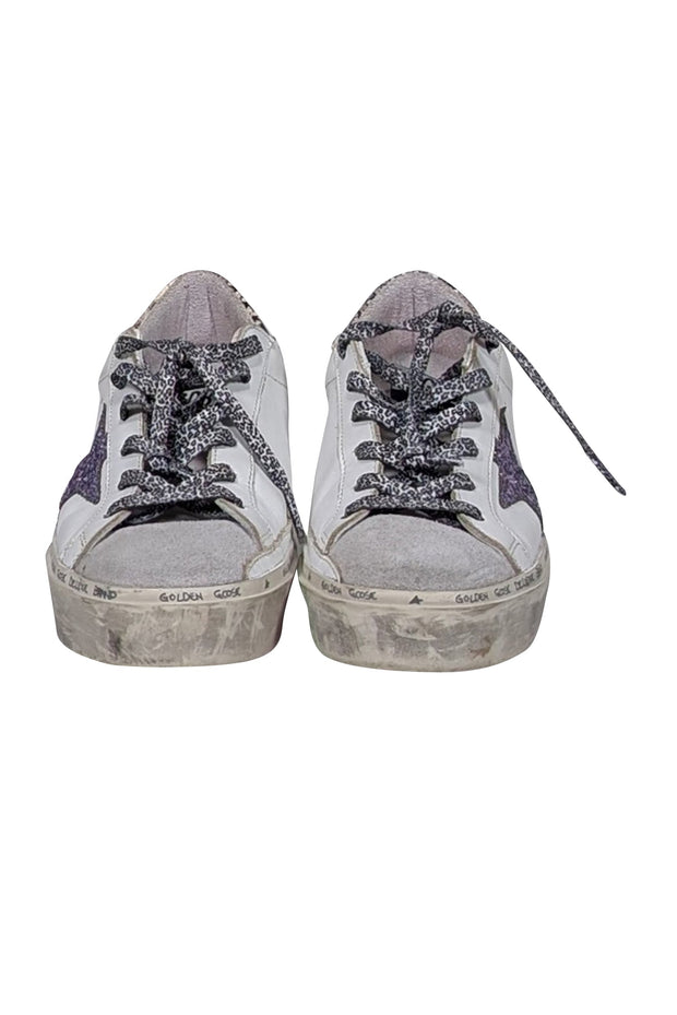 Current Boutique-Golden Goose - White Hi-Star Sneaker w/ Purple Glitter Star Detail Sz 8