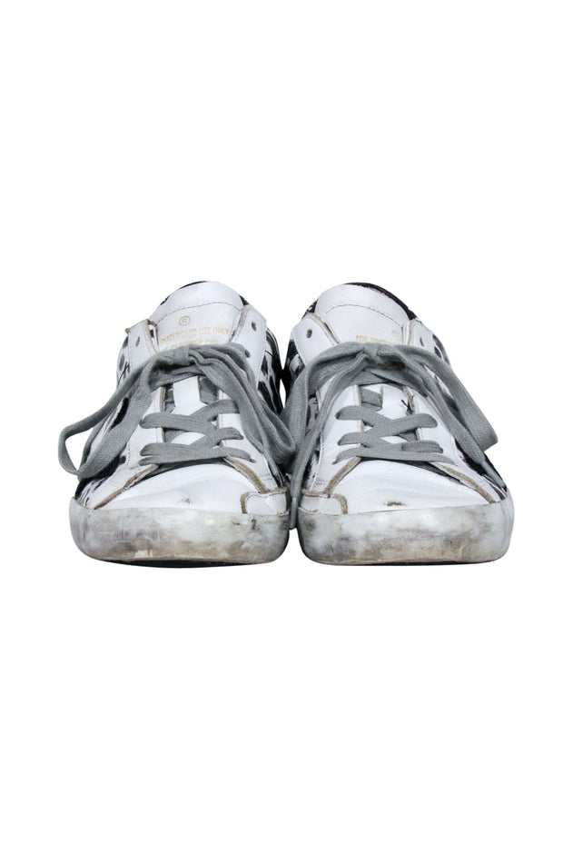 Current Boutique-Golden Goose - White Leather Sneakers w/ Leopard Print & Glitter Back Detail Sz 8