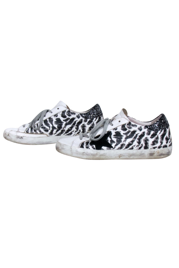 Current Boutique-Golden Goose - White Leather Sneakers w/ Leopard Print & Glitter Back Detail Sz 8