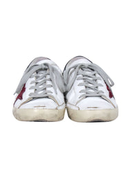 Current Boutique-Golden Goose - White Leather w/ Maroon Glitter Star "Superstar" Sneakers Sz 8