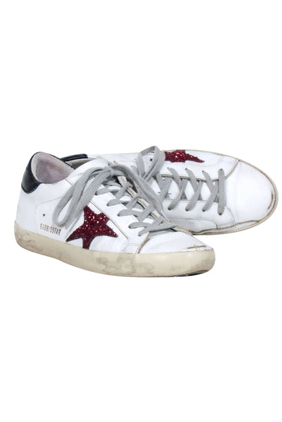 Current Boutique-Golden Goose - White Leather w/ Maroon Glitter Star "Superstar" Sneakers Sz 8